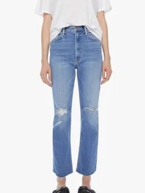 MOTHER Distressed Mid Wash High-Waisted Rider Straight
